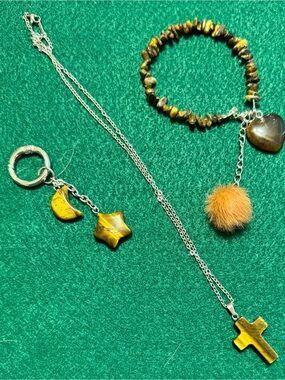 Tiger's Eye Cross Pendant Necklace in Brown and Gold Tones